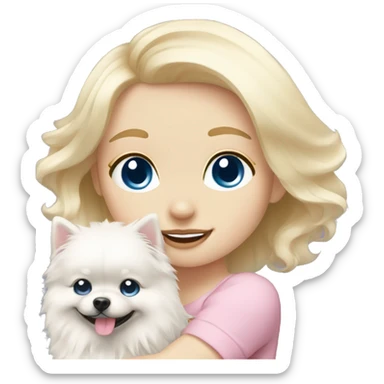 Blond girl white skin blue eyes hugging white Pomeranian with light pink bow sticker