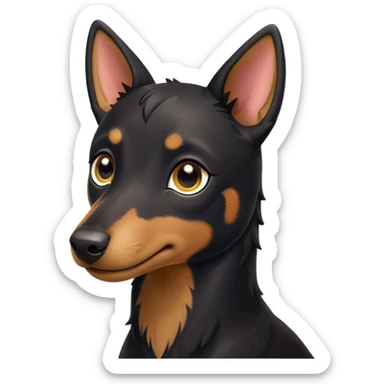 Cinematic Cute Black and Tan Kelpie Portrait Emoji, Head tilted playfully and inquisitively, featuring a sleek black Fur with vibrant tan markings, round, sparkling dark eyes filled with curiosity, Simplified yet irresistibly adorable features, highly detailed, glowing with a warm, friendly glow, high shine, affectionate and spirited, stylized with a touch of whimsy, bright and endearing, soft glowing outline, capturing the essence of a mischievous yet loving herder, so playful it feels like it could leap out of the screen and into your arms! sticker