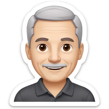 Puerto Rican older man with round face, wide jaw, light skin. Expressive dark brown eyes, thick eyebrows. Short gray hair with receding hairline. Light gray stubble beard. Friendly smile. Wearing a black polo shirt. sticker