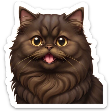 Cinematic Adorable Big-Eyed Fluffy Dark Brown Persian Cat Portrait Emoji, Head tilted playfully with a cute, exaggerated yawn, fluffy dark brown fur with rich caramel and gold undertones, Simplified yet irresistibly cute features with large, expressive eyes, highly detailed, glowing with a warm and gentle glow, high shine, a mix of affectionate and sleepy, stylized with a touch of whimsy, bright and full of charm, soft glowing outline, capturing the essence of a fluffy, loving kitty yawning in the most adorable way, so endearing it feels like it could leap out of the screen and stretch out for a cuddle! sticker
