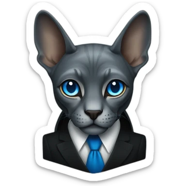 dark grey sphinx with bright blue eyes wearing black suit, portrait sticker