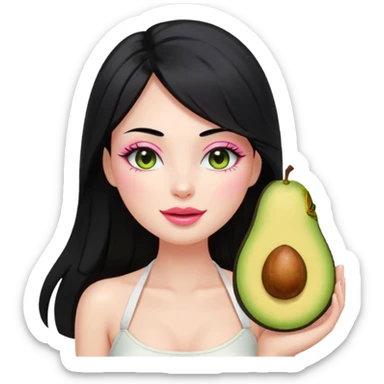 Long black hair with no bangs, straight hair, pretty face. Wearing white halter top. Pink blushed cheeks, long lashes, pin glossy lips. One eyes with wink. One hand with avocado juice.d sticker