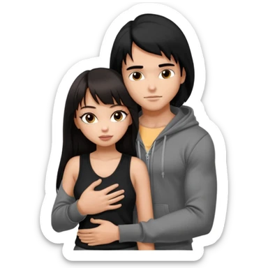 generate a pretty bratz girl in black cami top, dark brown straight long hair with bangs, eyeliner on, 

hugging a handsome muscular boy with black hair and a grey hoodie sticker