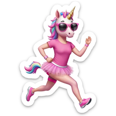 friendly anthropomorphised female unicorn with horse-like face, in tutu and pink t-shirt, wearing dark sunglasses, jogging upright in relaxed pose sticker