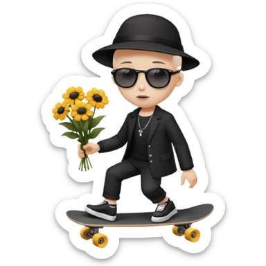 ["A sad boy with pale skin, bald, wearing a sunhat and sunglasses, dressed in goth fashion, is skateboarding while holding a flower bouquet."] sticker