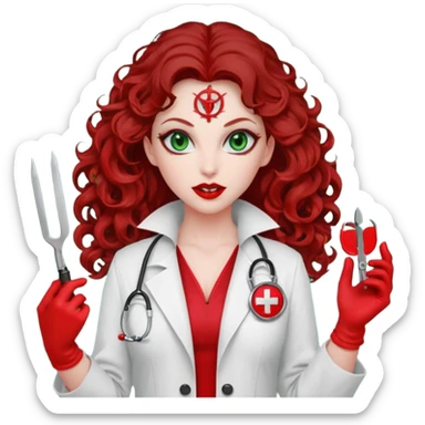 Lilith symbol sexy evil woman. She has green eyes.  had brown long curly hair.  evil surgeon kills with scalpel wears red sexy doctor coat with red mouth cover red gloves sticker