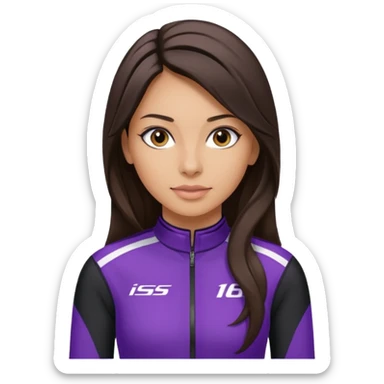 brunette long hair woman with black racing outfit with single purple strips sticker