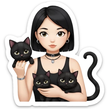 Asian girl, black hair.  Holding two BLACK cats with one cat has a round fat face. Both pure black.  The girl also wearing a black singlet, a black chocker, silver round hook earring, and wearing eyeliner.  sticker