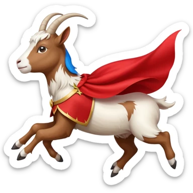 side view of white female goat wearing a read cape like superman sticker