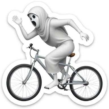 Ghost on bicycle, 3d pictogram, full body, male, arms covered by cloth and invisible, holding handlebars, left hand also holding handlebars, riding mountain bike, straddling bicycle, mountains in background removed sticker