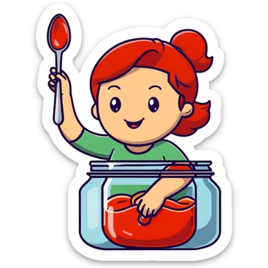 redhead woman with big smile taking some jam with a spoon from glass jar sticker