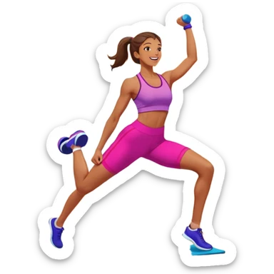 An energetic person performing an aerobics workout in a brightly lit gym, jumping and stretching with enthusiasm. The scene includes vibrant fitness equipment like dumbbells and exercise mats, with a background of cheerful, motivating colors, conveying energy and movement. sticker