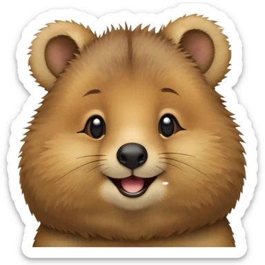 cinematic-realistic quokka-emoji,-small-round-frame, head tilted in an endearing manner, comical smile, round cheeks, giant-fluffy-cheeks-large-smile-fluffy-brown-fur-radiating-a-warm-softness,-big-round-eyes-filled-with-joy, realistic round  fluffy zoomed in, large black eyes sticker