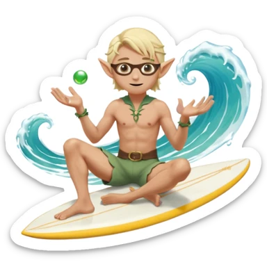 elf male legolas sitting on surfboard (ashore), hands manipulating two orbs of swirling seawater giving a "massage" to his own shoulders, wearing relaxed linen shorts over swimwear, tinted elven sunglasses, pointy ears, content expression, centered emoji sticker