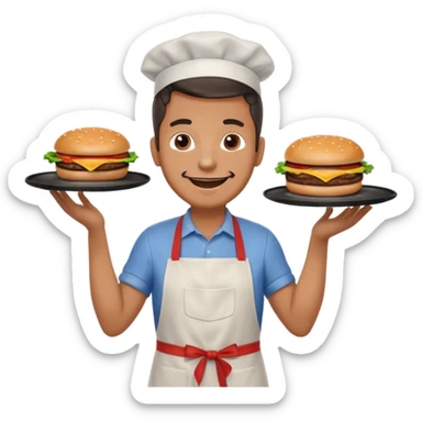 A cheerful man in an apron flipping burgers on a sizzling grill with smoke puffing upward. sticker
