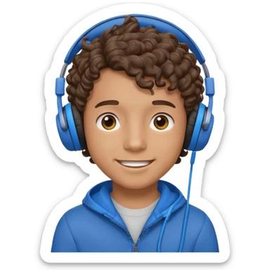 A boy with curly hair and tan skin and a happy face with blue headphones  sticker