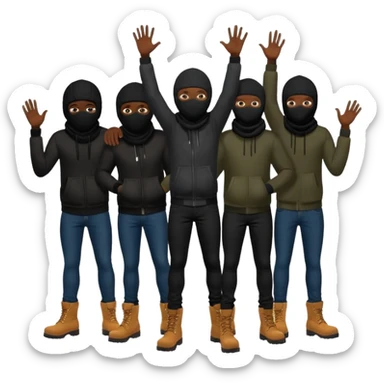 Group of African American men with ski masks covering their face wearing black skinny jeans and timberland boots all holding their hands out sticker