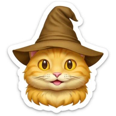 Very low detail Simple yellow cat emoji wearing a sorting hat sticker