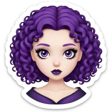 curly dark purple hair, pale skin, dark black eyes, pretty bratz baddie, black eyeliner, blush sticker
