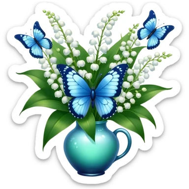 Aesthetic butterfly with blue light and navy wings sitting on a dark green bouquet of lily of the valley in a pastel blue vase sticker
