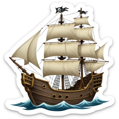 An icon representing an adventure game, inspired by high-seas exploration. The design features a fearless pirate gripping the wheel of a grand sailing ship, its tattered Jolly Roger flag billowing as it cuts through stormy waters. The scene evokes danger, treasure, and the thrill of the open sea. Transparent background. sticker