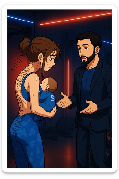 ispirati a questo stile di disegno e fai questa immagine in versione manga/webtoon a colori, il manga mostra la donna preoccupata di profilo con la postura sbagliata e incurvata, spalle chiuse e curve in avanti, con un neonato in braccio con una tutina azzurra e la scritta "S" sulla schiena, spina dorsale storta della donna in evidenza mentre ascolta l'uomo mentre l'uomo gli sta spiegando una cosa, ma non fare i fumetti, fai come se stessero parlando sticker