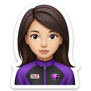 brunette long hair woman with black racing outfit with single purple strip sticker