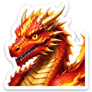 Cinematic Noble Fierce Fire Dragon Portrait Emoji, Poised and imposing, with a muscular, scaled body ablaze in fiery hues of crimson, molten orange, and molten gold, and intense, burning eyes that mirror the heart of a volcano; rendered with lifelike texture and dynamic natural highlights, high shine, formidable and intense, styled with an aura of scorching mythic power, focused and resolute, soft glowing outline, capturing the essence of a legendary inferno poised to ignite the screen with timeless ferocity! sticker
