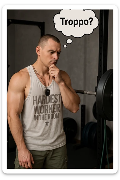 Realistic vertical image of a man in a gym, with face and physique identical to the reference photo, in a waiting position with hand on chin and gaze towards weights, thought bubble with text 'Troppo?'. Realistic style. sticker