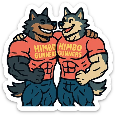two super buff wolf furries with matching 'Himbo gunners' t-shirts, hugging, happy and confident, exaggerated muscle definition sticker