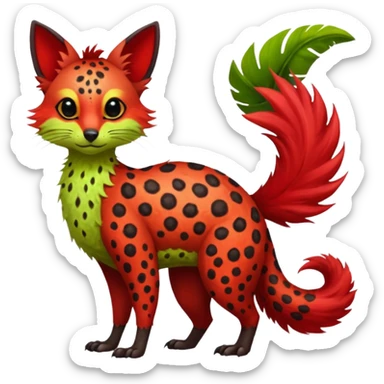 Feral Rare Fantasy vibrant tropical red and sanguine, and lime-collred Vernid-Trico-species-creature by LiLaiRa, random markings, tufted tail, tufted ears, full body sticker
