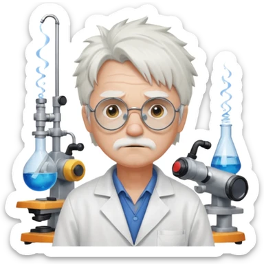 Portrait of an eccentric inventor with messy white hair, round goggles on forehead, sad face , wearing a slightly burnt lab coat, background of workshop with blueprints and tools sticker