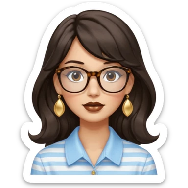 An emoji featuring a woman with long wavy dark brown hair and a whispy bang, wearing thick tortoise SQUARE glasses, gold drop earrings. She has long lashes and a nude browny glossy lipstick. She's wearing an oversize light blue shirt with white vertical strips. sticker