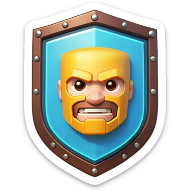 Clash of Clans aesthetic: Cinematic Playful Pixel 3D Shield Portrait Emoji, rendered in a 3D vector-style similar to standard emojis with minimal shading and bold, simplified shapes. A compact, distinct form with signature details, softly glowing with a pixelated adventure charm. Simplified yet unmistakably iconic, highly detailed and consistent, glowing with a soft radiance and high shine. Stylized with a touch of classic pixel-art charm and a soft glowing outline, capturing the essence of a beloved gaming relic with a friendly, playful manner! sticker