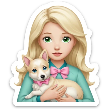 A white Long Wave blonde Hair Woman with blue-green eyes, with a Brown eyed White Shepard  in the arm ,the dog has a little bit beige in then end of the ears and a pink bow in neck . sticker