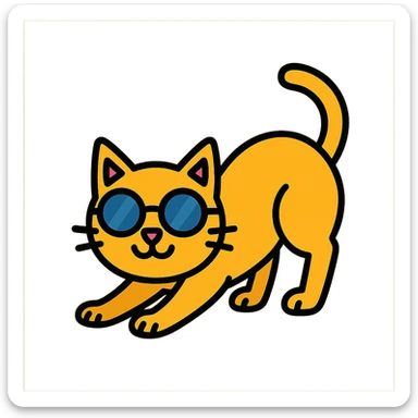 Cat wearing sunglasses in a playful stretching pose, color outline icon style, no background. sticker