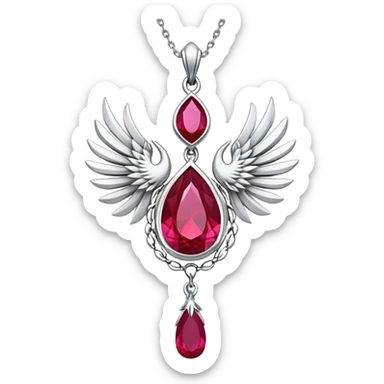 cosmic phoenix talisman, teardrop ruby with feather details, radiating rebirth, floating silver chain sticker