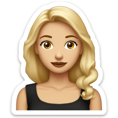 Mujer adolescente medio rubia mezclado con castaño clarito, ojos marrones clarito, labios ni finos ni gordos rositas claritos, de piel ni muy morena ni muy blanca, vestido negro, pendientes de aros pequeños dor sticker