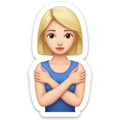 Woman with arms crossed holding her neck sticker