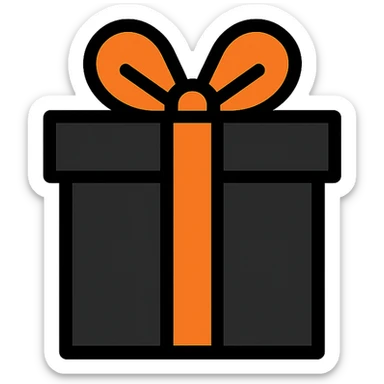 black square gift box, orange ribbon tied in a bow, flat design sticker
