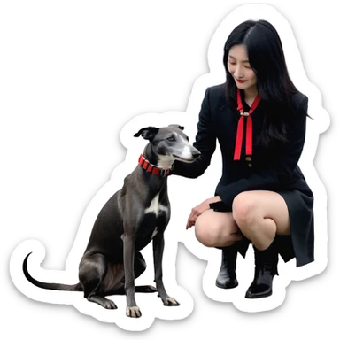 A very beautiful and attractive 25-year-old Japanese woman with long flowing black hair gently petting a PURE SOLID DARK GREY whippet wearing only a bright RED COLLAR on a beach at night under a starry sky. The whippet MUST be 100% SOLID DARK GREY with ABSOLUTELY NO WHITE MARKINGS ANYWHERE - specifically NO WHITE on face, NO WHITE on chest, NO WHITE on paws, NO WHITE anywhere - ENTIRELY ONE CONSISTENT SOLID DARK GREY COLOR throughout the entire dog from nose to tail tip. Only exception is the bright red collar. Deep blue night sky filled with bright stars, moonlight reflecting on the ocean, sandy beach in the foreground. sticker