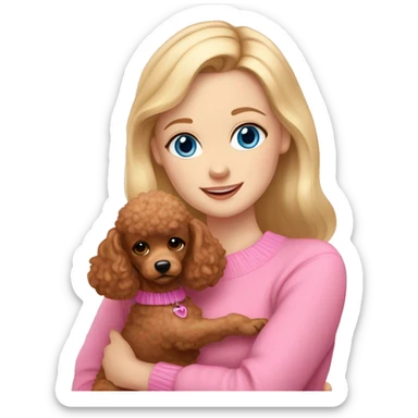 Pretty blue eyed white girl with blonde hair in a pink sweater holding a brown toy poodle with short ears sticker