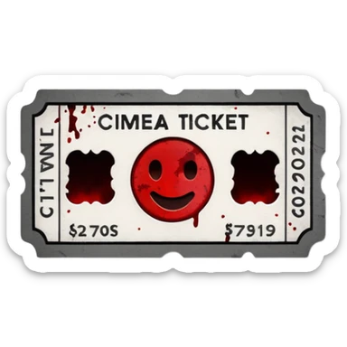 Minimalist emoji-style sticker of an old torn cinema ticket, no text, blood-stained edges and burn holes, grayscale paper

 sticker