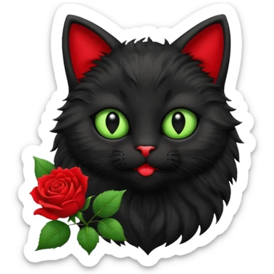 Cute emoji-style black cat holding a red rose in its mouth, big round eyes with light green sclera and black pupils, fluffy fur, clean mascot style, centered, soft beige background, 1:1 ratio. sticker