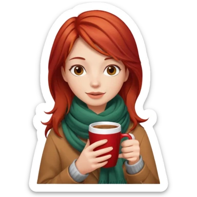 a girl drink with red layer hair, having scarf, drink coffee, enjoy sticker