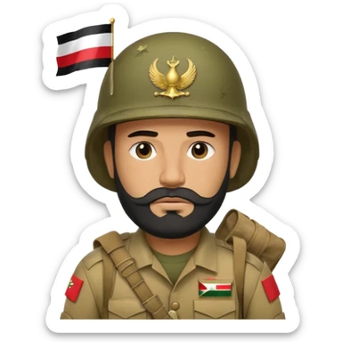 A tired, swarthy Iraqi soldier with a beard, an Iraqi flag on his helmet, a sad expression and bags under his eyes sticker