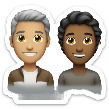 A young man with caramel brown skin, slightly longer black hair, a smiling face without a beard. An older man with light skin, short dark brown hair, a smiling face without a beard. sticker