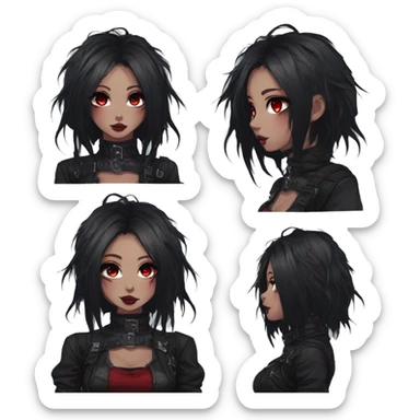 Gorgeous gothic dark techwear anime style lady with blushing face aesthetic and pretty edgy black red punk messy hair with collar and harness trending style sticker