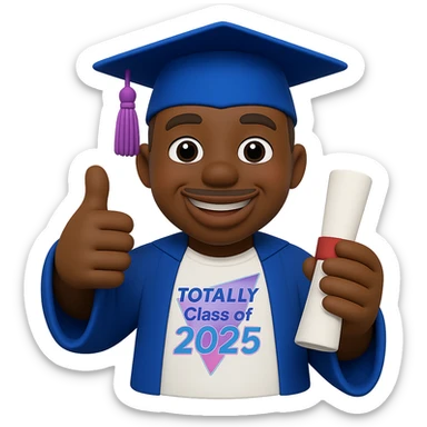 Create a cool emoji based on the person in the reference photo, wearing a graduation outfit, holding a diploma in one hand and giving a thumbs up with the other, in a 3D cartoon style. Background should be transparent. sticker