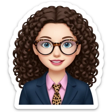A girl with white pale skin, blue eyes, full lips, brunette long curly hair. She has a leopard print round-ish shaped glasses. She is wearing a all black suit with light pink blouse inside the suit. She is making a self care face mask  sticker